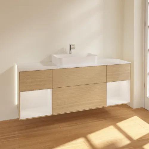 Bild von VILLEROY BOCH Finion Waschbeckenunterschrank, mit Beleuchtung, 4 Auszüge, 1600 x 603 x 501 mm, Oak Veneer / Glossy White Lacquer / Glass White Matt #G451GFPC