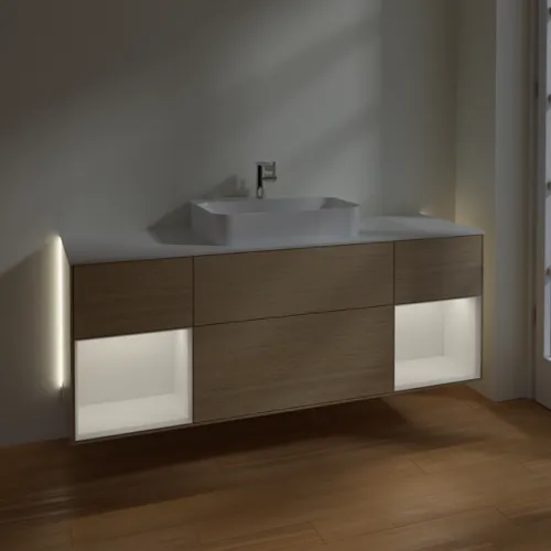 Bild von VILLEROY BOCH Finion Waschbeckenunterschrank, mit Beleuchtung, 4 Auszüge, 1600 x 603 x 501 mm, Oak Veneer / Glossy White Lacquer / Glass White Matt #G451GFPC