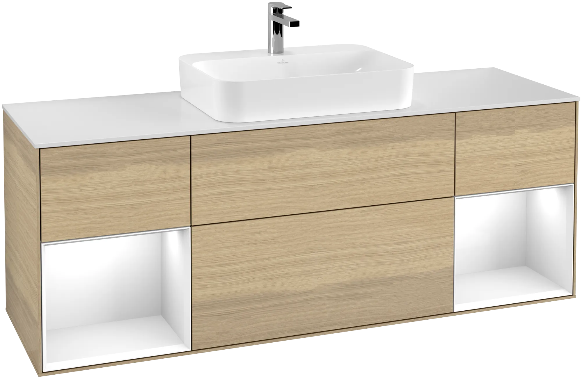 VILLEROY BOCH Finion Vanity unit, with lighting, 4 pull-out compartments, 1600 x 603 x 501 mm, Oak Veneer / Glossy White Lacquer / Glass White Matt #G451GFPC resmi