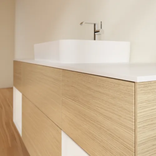 Bild von VILLEROY BOCH Finion Waschbeckenunterschrank, mit Beleuchtung, 4 Auszüge, 1600 x 603 x 501 mm, Oak Veneer / Glossy White Lacquer / Glass White Matt #G451GFPC