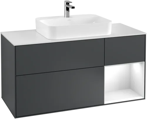 VILLEROY BOCH Finion Vanity unit, with lighting, 3 pull-out compartments, 1200 x 603 x 501 mm, Midnight Blue Matt Lacquer / Glossy White Lacquer / Glass White Matt #G421GFHG resmi