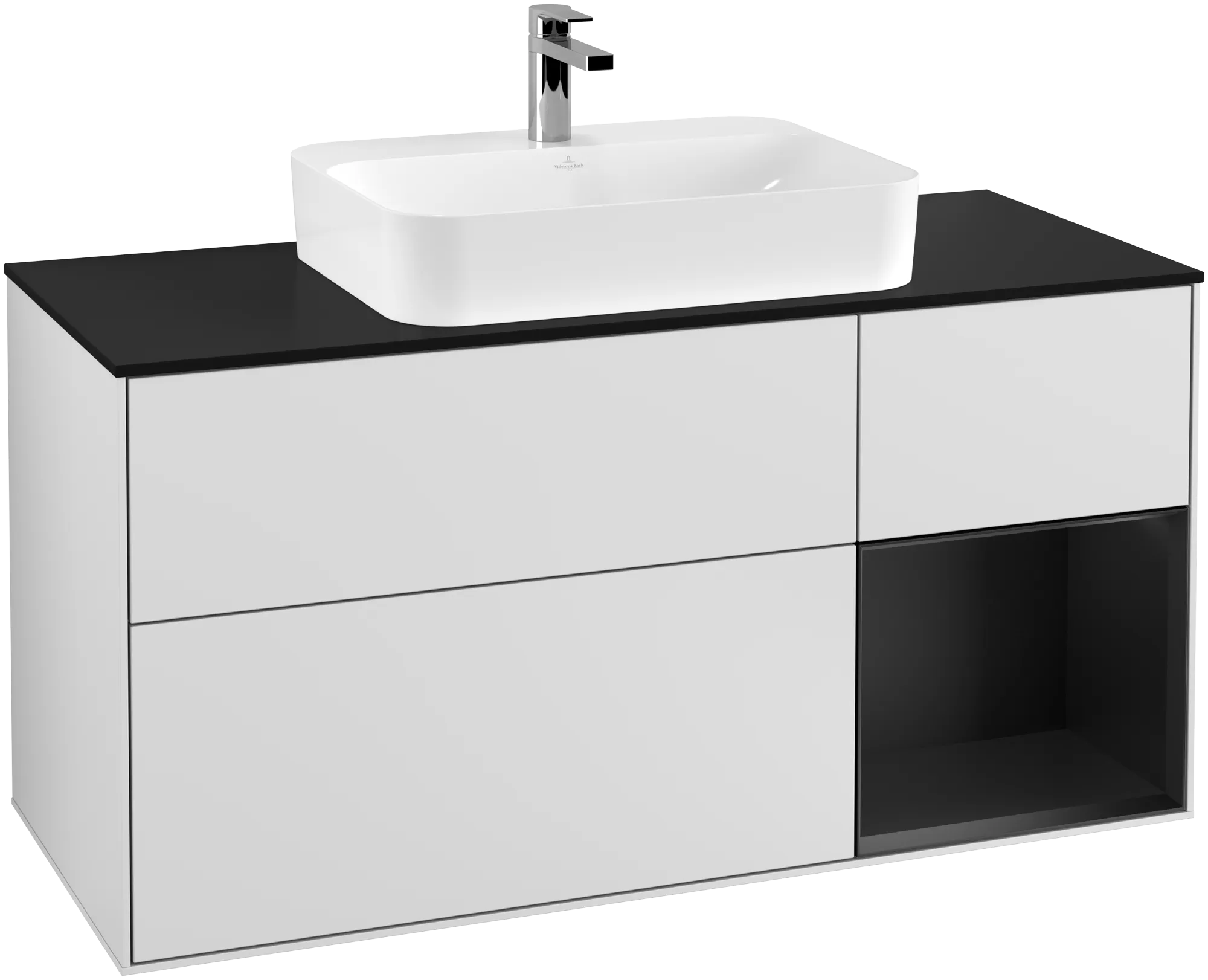 Picture of VILLEROY BOCH Finion Vanity unit, with lighting, 3 pull-out compartments, 1200 x 603 x 501 mm, White Matt Lacquer / Black Matt Lacquer / Glass Black Matt #G422PDMT
