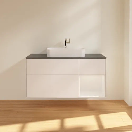 Bild von VILLEROY BOCH Finion Waschbeckenunterschrank, mit Beleuchtung, 3 Auszüge, 1200 x 603 x 501 mm, White Matt Lacquer / Glossy White Lacquer / Glass Black Matt #G422GFMT