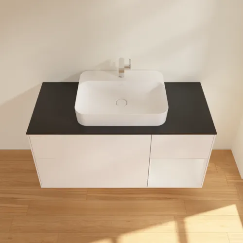 Bild von VILLEROY BOCH Finion Waschbeckenunterschrank, mit Beleuchtung, 3 Auszüge, 1200 x 603 x 501 mm, White Matt Lacquer / Glossy White Lacquer / Glass Black Matt #G422GFMT