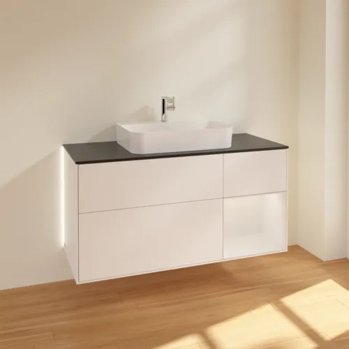 Bild von VILLEROY BOCH Finion Waschbeckenunterschrank, mit Beleuchtung, 3 Auszüge, 1200 x 603 x 501 mm, White Matt Lacquer / Glossy White Lacquer / Glass Black Matt #G422GFMT