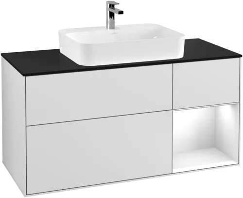VILLEROY BOCH Finion Vanity unit, with lighting, 3 pull-out compartments, 1200 x 603 x 501 mm, White Matt Lacquer / Glossy White Lacquer / Glass Black Matt #G422GFMT resmi
