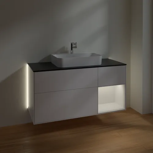 Bild von VILLEROY BOCH Finion Waschbeckenunterschrank, mit Beleuchtung, 3 Auszüge, 1200 x 603 x 501 mm, White Matt Lacquer / Glossy White Lacquer / Glass Black Matt #G422GFMT