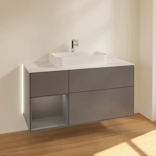 Picture of VILLEROY BOCH Finion Vanity unit, with lighting, 3 pull-out compartments, 1200 x 603 x 501 mm, Anthracite Matt Lacquer / Anthracite Matt Lacquer / Glass White Matt #G411GKGK