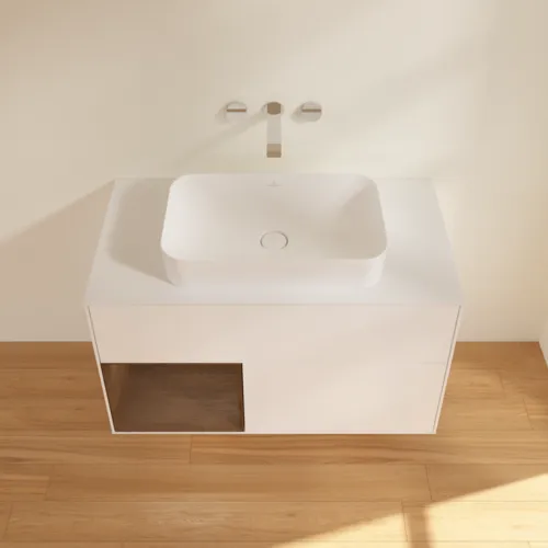 Bild von VILLEROY BOCH Finion Waschbeckenunterschrank, mit Beleuchtung, 2 Auszüge, 1000 x 603 x 501 mm, White Matt Lacquer / Walnut Veneer / Glass White Matt #G651GNMT