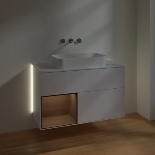 Bild von VILLEROY BOCH Finion Waschbeckenunterschrank, mit Beleuchtung, 2 Auszüge, 1000 x 603 x 501 mm, White Matt Lacquer / Walnut Veneer / Glass White Matt #G651GNMT