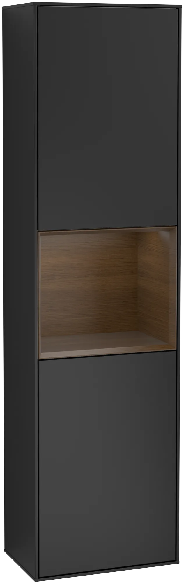 Obrázek VILLEROY BOCH Finion Tall cabinet, with lighting, 2 doors, 418 x 1516 x 270 mm, Black Matt Lacquer / Walnut Veneer #G470GNPD
