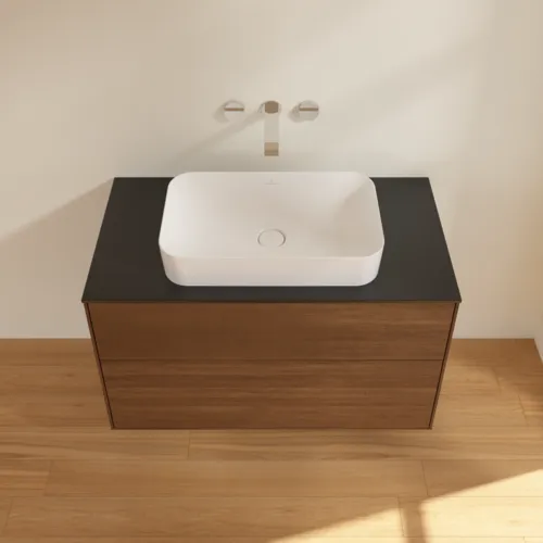 Bild von VILLEROY BOCH Finion Waschbeckenunterschrank, mit Beleuchtung, 2 Auszüge, 1000 x 603 x 501 mm, Walnut Veneer / Glass Black Matt #G64200GN