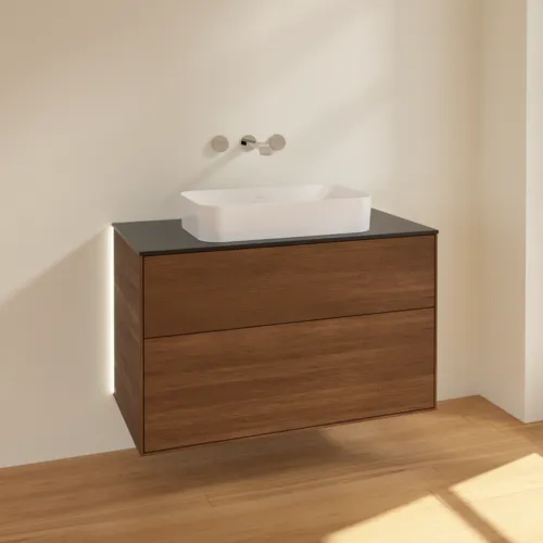Bild von VILLEROY BOCH Finion Waschbeckenunterschrank, mit Beleuchtung, 2 Auszüge, 1000 x 603 x 501 mm, Walnut Veneer / Glass Black Matt #G64200GN