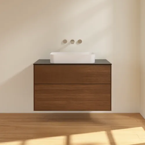 Bild von VILLEROY BOCH Finion Waschbeckenunterschrank, mit Beleuchtung, 2 Auszüge, 1000 x 603 x 501 mm, Walnut Veneer / Glass Black Matt #G64200GN