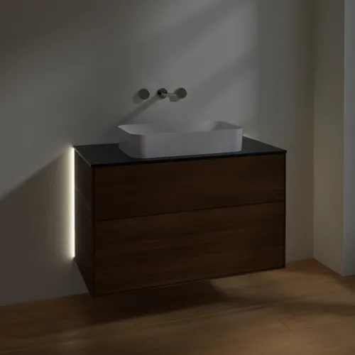 Bild von VILLEROY BOCH Finion Waschbeckenunterschrank, mit Beleuchtung, 2 Auszüge, 1000 x 603 x 501 mm, Walnut Veneer / Glass Black Matt #G64200GN