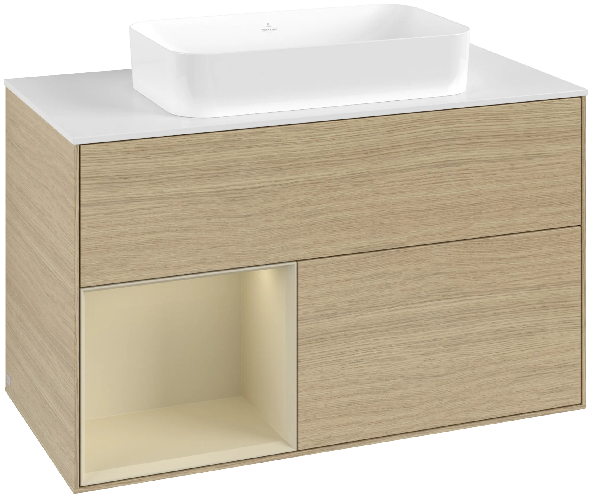 Picture of VILLEROY BOCH Finion Vanity unit, with lighting, 2 pull-out compartments, 1000 x 603 x 501 mm, Oak Veneer / Silk Grey Matt Lacquer / Glass White Matt #G651HJPC