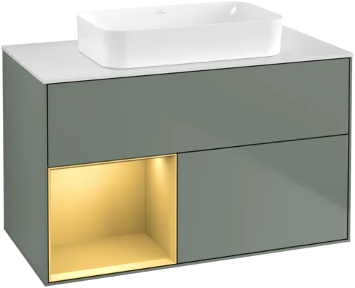 Picture of VILLEROY BOCH Finion Vanity unit, with lighting, 2 pull-out compartments, 1000 x 603 x 501 mm, Olive Matt Lacquer / Gold Matt Lacquer / Glass White Matt #G651HFGM