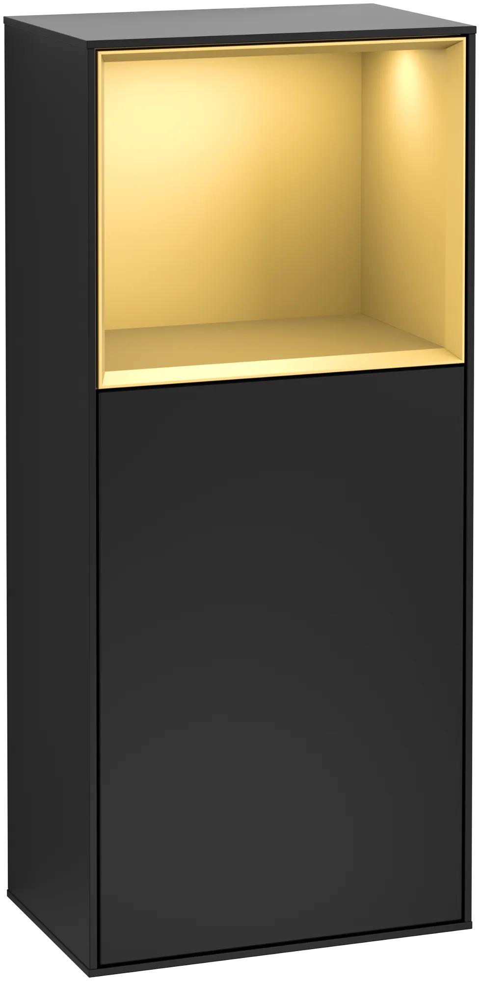 Picture of VILLEROY BOCH Finion Side cabinet, with lighting, 1 door, 418 x 936 x 270 mm, Black Matt Lacquer / Gold Matt Lacquer #G510HFPD