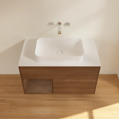 Bild von VILLEROY BOCH Finion Waschbeckenunterschrank, mit Beleuchtung, 2 Auszüge, 1000 x 603 x 501 mm, Walnut Veneer / Walnut Veneer / Glass White Matt #G651GNGN