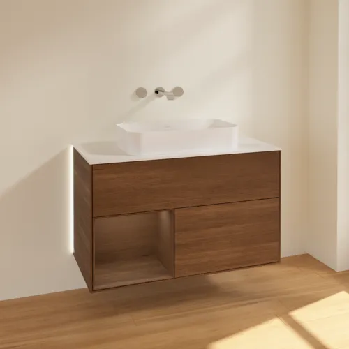 Bild von VILLEROY BOCH Finion Waschbeckenunterschrank, mit Beleuchtung, 2 Auszüge, 1000 x 603 x 501 mm, Walnut Veneer / Walnut Veneer / Glass White Matt #G651GNGN