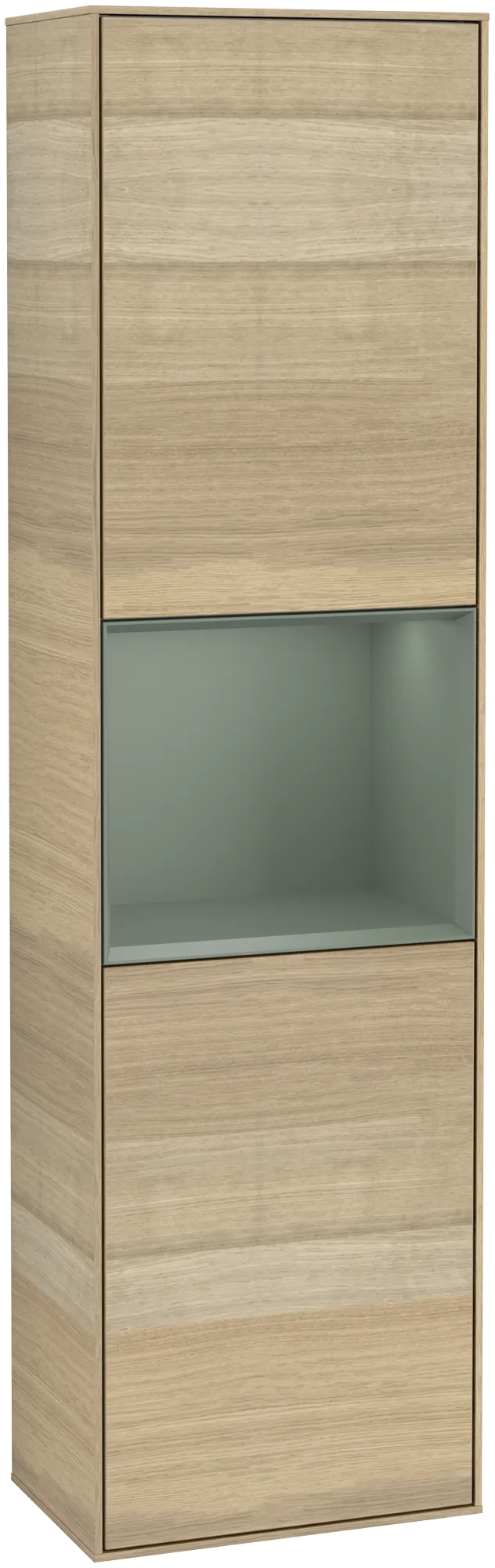 Зображення з  VILLEROY BOCH Finion Tall cabinet, with lighting, 2 doors, 418 x 1516 x 270 mm, Oak Veneer / Olive Matt Lacquer #G460GMPC