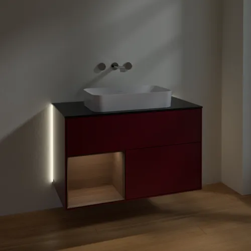VILLEROY BOCH Finion Waschbeckenunterschrank, mit Beleuchtung, 2 Auszüge, 1000 x 603 x 501 mm, Peony Matt Lacquer / Walnut Veneer / Glass Black Matt #G652GNHB, Bild 5