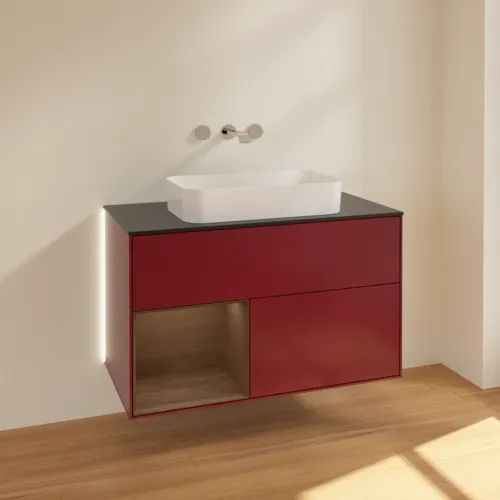 VILLEROY BOCH Finion Waschbeckenunterschrank, mit Beleuchtung, 2 Auszüge, 1000 x 603 x 501 mm, Peony Matt Lacquer / Walnut Veneer / Glass Black Matt #G652GNHB, Bild 2