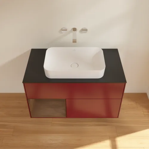 VILLEROY BOCH Finion Waschbeckenunterschrank, mit Beleuchtung, 2 Auszüge, 1000 x 603 x 501 mm, Peony Matt Lacquer / Walnut Veneer / Glass Black Matt #G652GNHB, Bild 4
